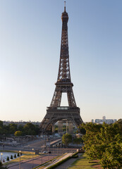 the Eiffel Tower with blue sky in Paris, France.