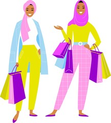 Vector colorful illustration of arab women in modern clothes hijab in the shop.