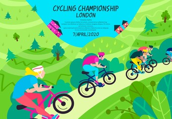 Fototapeta na wymiar Cycling championship in green wooded area vector illustration. Sport competition on bikes flat style. People in sportswear riding on road. Winner. Active lifestyle concept