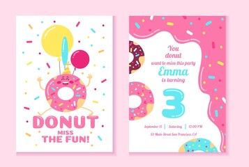 Donut fun party invitation design template vector illustration. Bright card with cake flat style. Happy birthday and festive celebration concept. Isolated on pink background