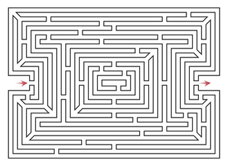 Rectangle labyrinth vector. with entry and exit arrows. Maze game illustration