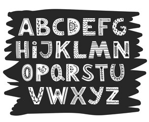 Hand drawn font in scandinavian style on black vector illustration. English alphabet from a to z flat style. Modern design concept. Isolated on white background