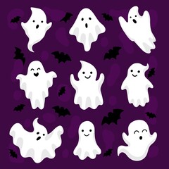 Happy halloween cute ghosts and bats collection vector illustration. Halloween character with various emotions flat style. Kind monster making faces. Isolated on violet background