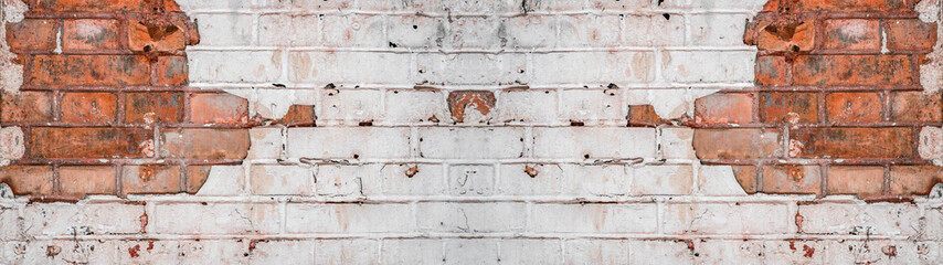 White gray painted light damaged exfoliated peeled rustic brick wall masonry texture banner...