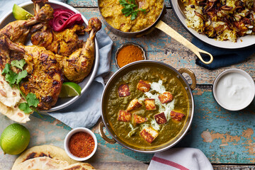 Indian cuisine dinner: tandoori chicken, biryani