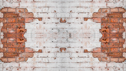 White gray painted light damaged exfoliated peeled rustic brick wall masonry texture background with orange red stones and copy space