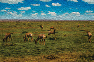 Naklejka premium Herd of gazelles grazing on green pasture in the flat landscape of Serengeti National Park. A conservation area in the African savanna where several species of large mammals live. Oil paint filter.