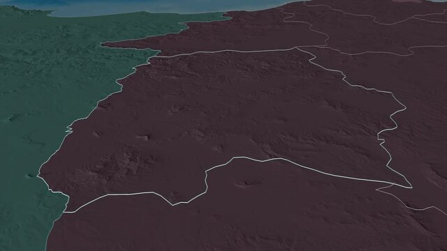 Le Kef, governorate with its capital, zoomed and extruded on the administrative map of Tunisia in the conformal Stereographic projection. Animation 3D