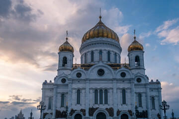 Cathedral of Christ the Saviour in Moscow, Russia. Orthodox religion. White church with golden domes.