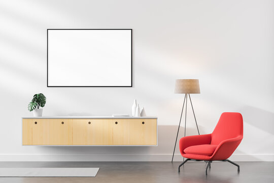 Living room interior with white walls, concrete floor and a red armchair next to the lamp. White blank poster. Mock Up. 3d rendering