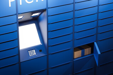 An automatic messenger terminal self service device for receiving parcels standing on the street at night. Blank white screen. Open door of an electronic locker with a parcel or order. 3d rendering © katestudio