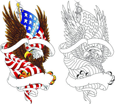 Stylized drawing american eagle with usa flag, ribbon for your tagline. Vector illustration in the style of military tattoos.