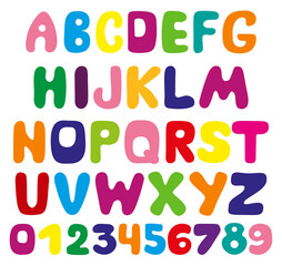 Bright letters of the alphabet and numbers for children. Original vector creative font for headlines, signage, posters, education and decoration of a children's room.