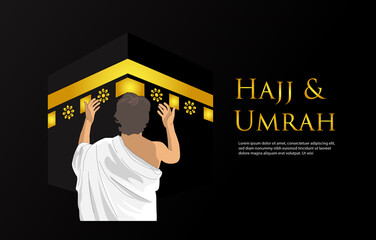 Islamic pilgrimage hajj and umrah banner with illustration praying man on back side