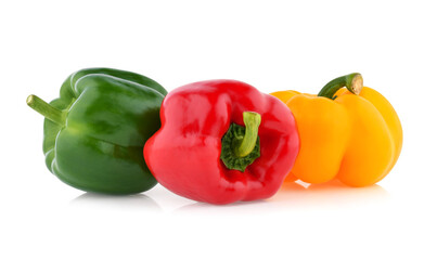 Fresh vegetables Three sweet Red, Yellow, Green Peppers isolated on white background.