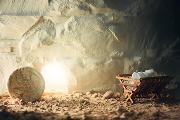 Christian Christmas and Easter concept. Chronology of Jesus life. Born to Die, Born to Rise. Wooden...