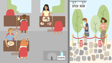 flat design illustration of new rules of lifestyle during pandemic. Restaurant full of customers, keep their distance and customer outside wait at safe distance.