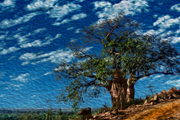 Huge baobab tree beside dirt road in the flat landscape of Serengeti National Park. A conservation area in the African savanna where several species of large mammals live. Oil paint filter.