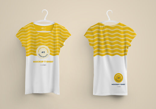  Woman T-Shirts Front and Back Mockup on 6 Different Hangers