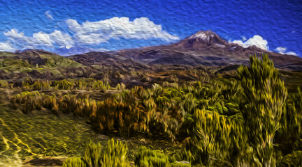 Secondary volcanic cone of Mount Kilimanjaro on upland covered by thicket. This Tanzanian dormant volcano is also the highest place in the continent and an African symbol. Oil paint filter.