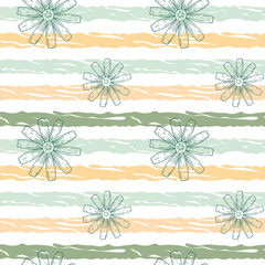 Fototapeta na wymiar Textured hand drawn striped chamomile seamless pattern. Painting in pastel colors. Modern colored design for clothes and textile print, wrapping paper, wallpaper