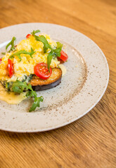 breakfast in a restaurant on a wooden table