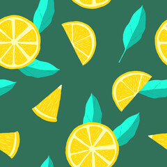 Simple textured nature pattern. Hand drawn yellow lemon slices and cyan leaves isolated on green background. Cute botanical illustration. Perfect for wallpaper or fabric.