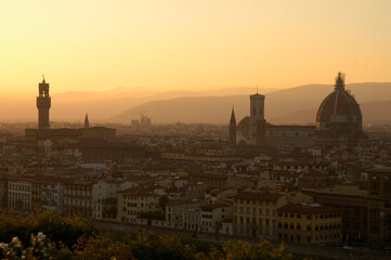 The bird eyes view of the sunset over Florence, Tuscany of Italy.