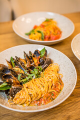 italian food, pasta, tomatoes, pizza, collage on the table