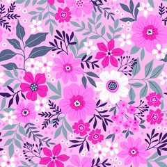 Fototapeta na wymiar Amazing seamless floral pattern with light pink flowers and leaves on a pastel pink background. The elegant the template for fashion prints. Modern floral background.