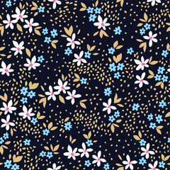 Cute floral pattern in the small flower. Ditsy print. Seamless vector texture. Elegant template for fashion prints. Printing with small white and light blue flowers. Dark blue background.