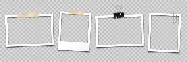 Fotobehang Realistic empty photo card frame, film set. Retro vintage photograph with transparent adhesive tape and paper clip. Digital snapshot image. Template or mockup for design. Vector illustration. © 32 pixels