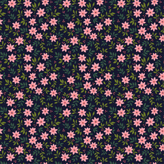 Floral pattern. Pretty flowers on navy blue background. Printing with small coral flowers. Ditsy print. Seamless vector texture. Spring bouquet.