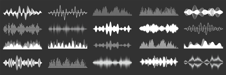 Sound waves collection. Analog and digital audio signal. Music equalizer. Interference voice recording. High frequency radio wave. Vector illustration. - 354425570