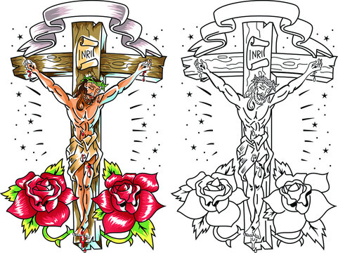 Hand drawn vector illustration of Jesus Christ on the cross framed by red roses.