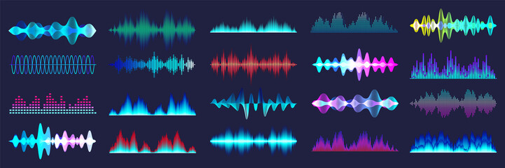 Colored sound waves collection. Analog and digital audio signal. Music equalizer. Interference voice recording. High frequency radio wave. Vector illustration.