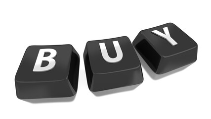 BUY written in white on black computer keys. 3d illustration. Isolated background.