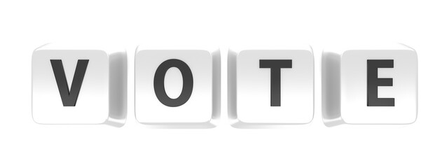 VOTE written in black on white computer keys. 3d illustration. Isolated background.