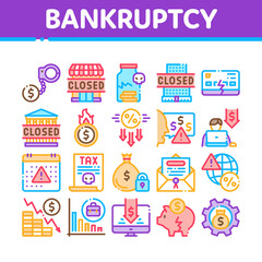 Bankruptcy Business Collection Icons Set Vector. Bankruptcy Shop And Company, Closed Office And Store, Tax And Crisis, Broken Card And Piggy Concept Linear Pictograms. Color Illustrations