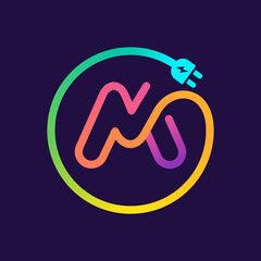 M letter logo in a circle with plug adapter cable.