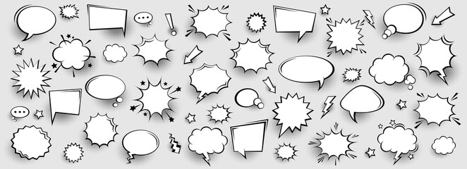 Collection of empty comic speech bubbles with halftone shadows. Hand drawn retro cartoon stickers. Pop art style. Vector illustration. © 32 pixels