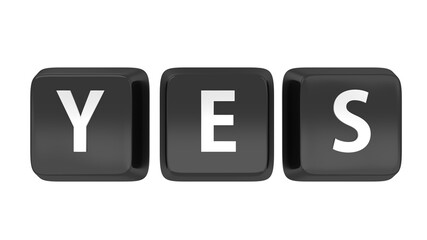 YES written in white on black computer keys. 3d illustration. Isolated background.