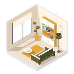 Vector isometric design of a living room with sofa, bookcase, floor lamp, plant, coffee table and books. Isolated illustration on the white background.