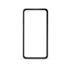 Simple mobile phone or smart phone design with black frame and blank white screen isolated on white, vector illustration