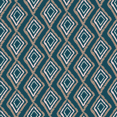 Boho vector pattern with chains of hand drawn squares and diamonds on dark blue background