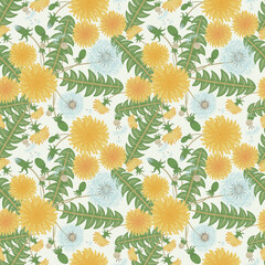 Vector floral seamless pattern with blooming dandelions, blowballs, leaves. Elegant botanical ornament. Abstract meadow flower background. Summer style. Repeat design for wallpapers, tileable print