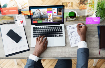Top view of businessman with laptop making notes while searching web, collage with online journal design on screen