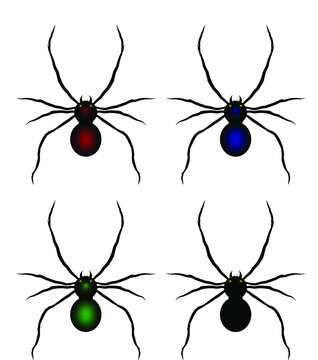 Set of spider different colors. Spider icon for web and app. Black Widow spider. Stock vector illustration on white isolated background.
