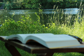 Das Buch steht auf einem hölzernen Couchtisch und grünes Gras schaut nach hinten