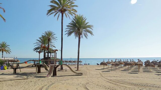 Marbella Venus Beach in winter. People enjoying a sunny day. Palm tree, sand, Mediterranean sea. Camera pan right